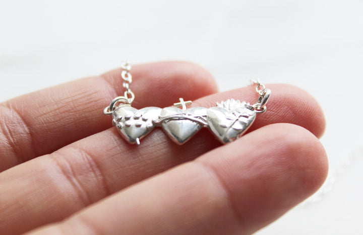 Sacred Hearts of the Holy Family Necklace in Sterling Silver
