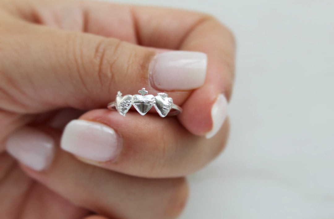 Sacred Hearts of the Holy Family Ring in Sterling Silver