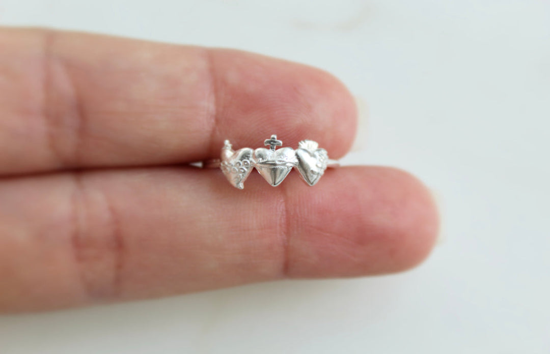 Sacred Hearts of the Holy Family Ring in Sterling Silver