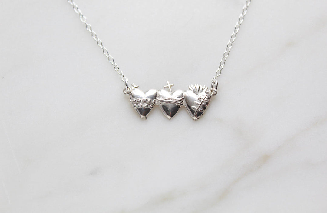 Sacred Hearts of the Holy Family Necklace in Sterling Silver