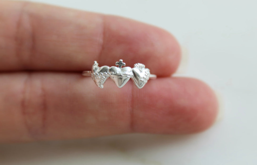Sacred Hearts of the Holy Family Ring in Sterling Silver