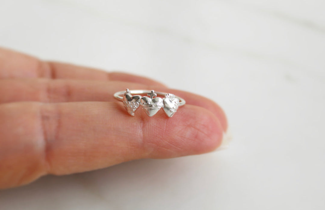 Sacred Hearts of the Holy Family Ring in Sterling Silver