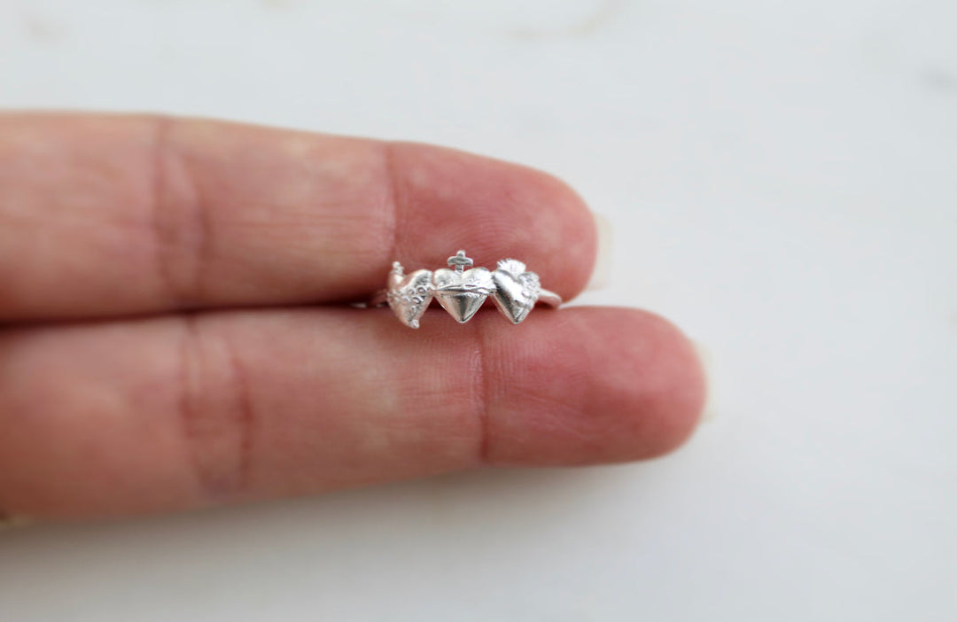 Sacred Hearts of the Holy Family Ring in Sterling Silver