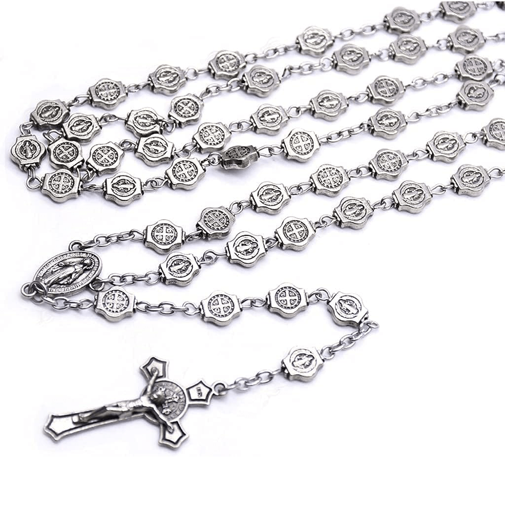 St. Benedict Medal & Crucifix, Polyhedron Silver Metal Alloy Chain Rosary