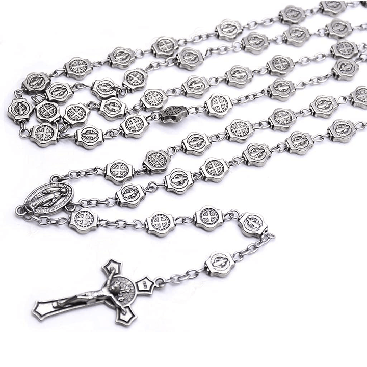 St. Benedict Medal & Crucifix, Polyhedron Silver Metal Alloy Chain Rosary