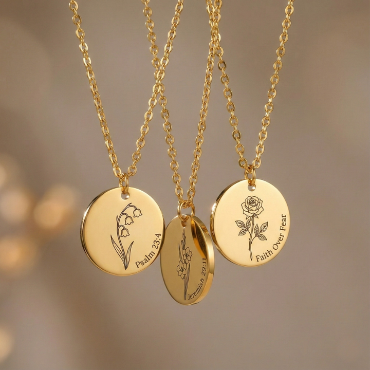 Birth Flower Engraved Necklace