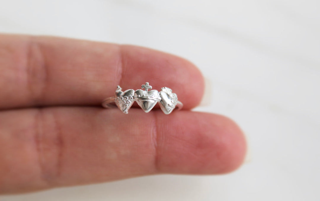 Sacred Hearts of the Holy Family Ring in Sterling Silver