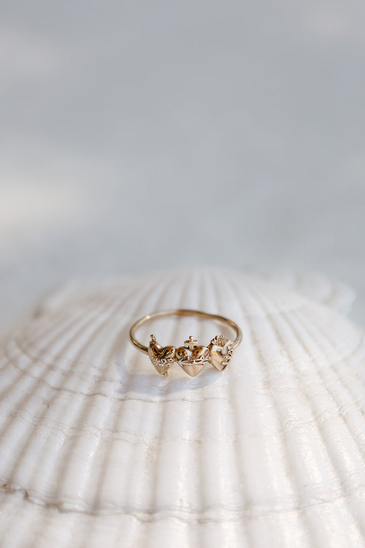 Sacred Hearts of the Holy Family Ring in Gold Vermeil