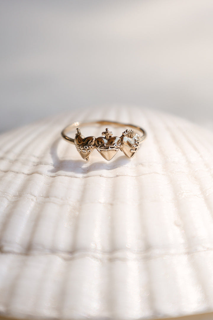 Sacred Hearts of the Holy Family Ring in Gold Vermeil