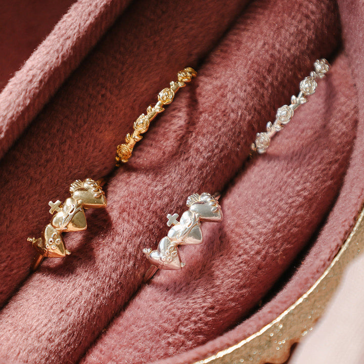 Sacred Hearts of the Holy Family Ring in Gold Vermeil