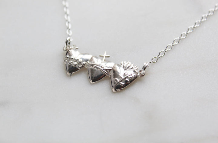 Sacred Hearts of the Holy Family Necklace in Sterling Silver