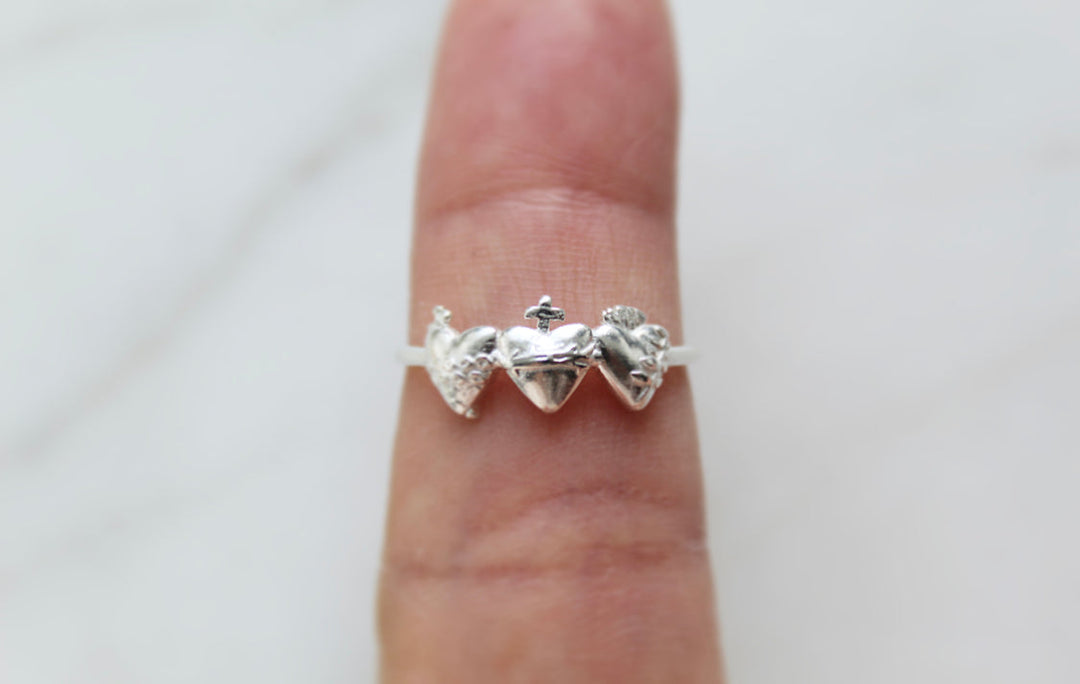 Sacred Hearts of the Holy Family Ring in Sterling Silver