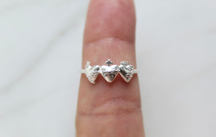 Sacred Hearts of the Holy Family Ring in Sterling Silver
