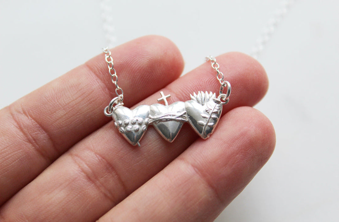 Sacred Hearts of the Holy Family Necklace in Sterling Silver
