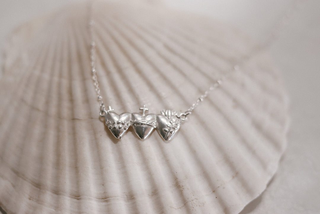 Sacred Hearts of the Holy Family Necklace in Sterling Silver