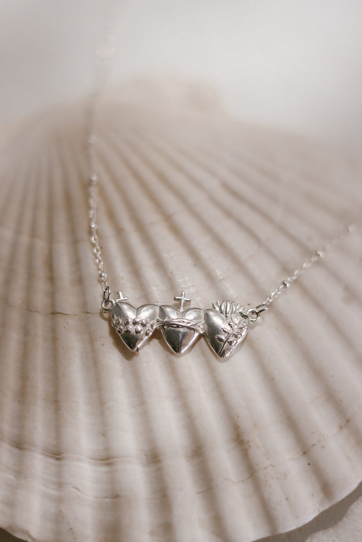 Sacred Hearts of the Holy Family Necklace in Sterling Silver