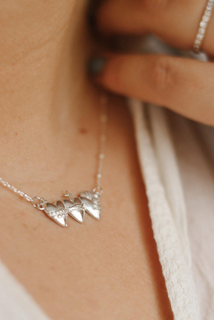 Sacred Hearts of the Holy Family Necklace in Sterling Silver