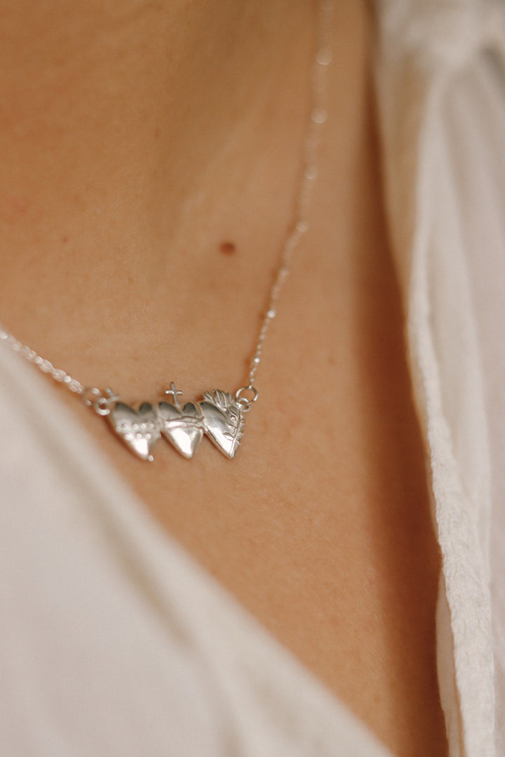 Sacred Hearts of the Holy Family Necklace in Sterling Silver