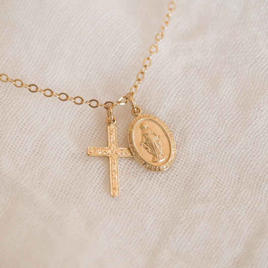 Floral Cross & Miraculous Medal Necklace
