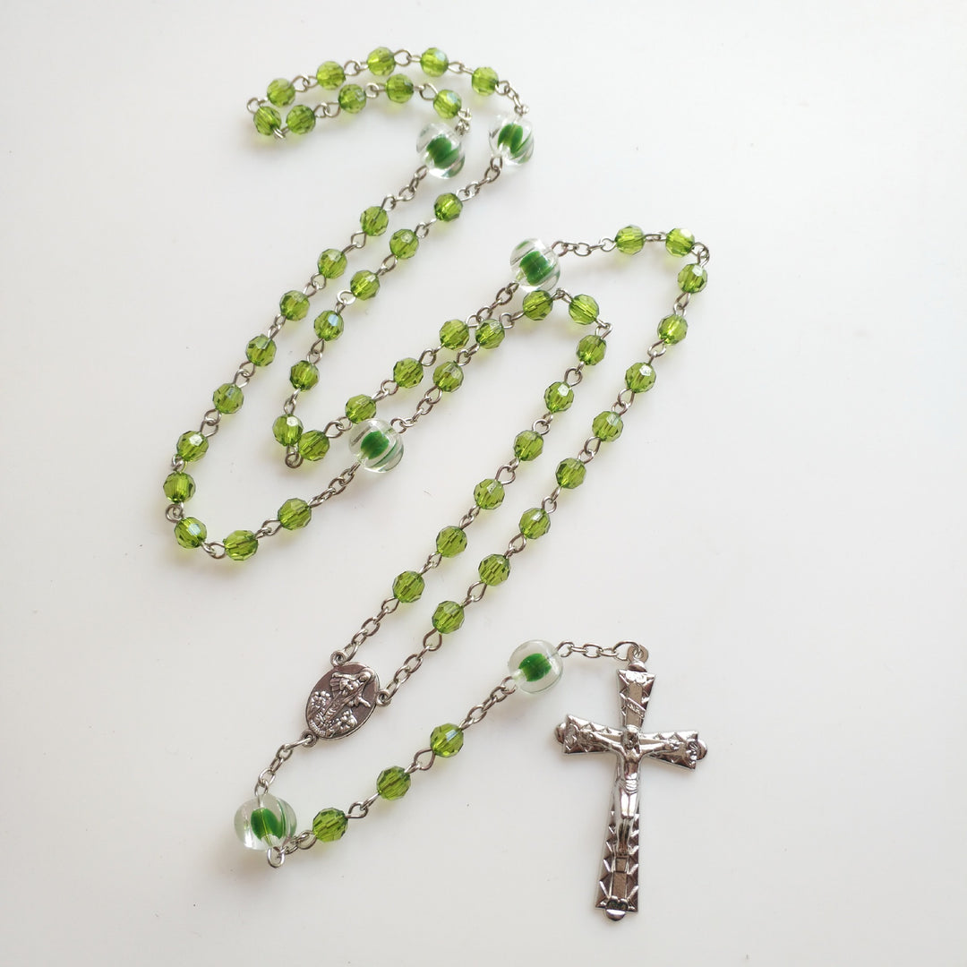 St. Benedict Medal & Trinity Cross, Green Floral Ball Prayer Beads Rosary