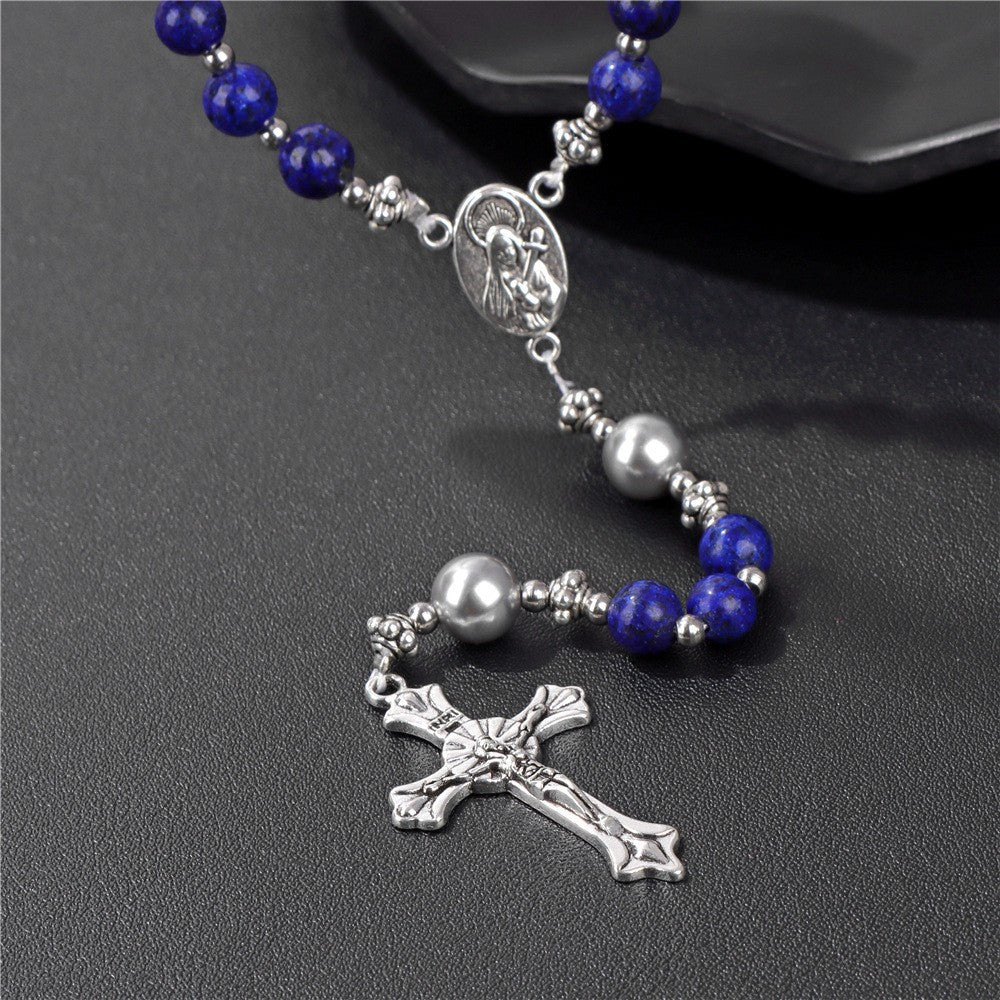Handmade St. Therese of Lisieux Medal & Crucifix, Lapis Lazuli & Map Stone Rosary