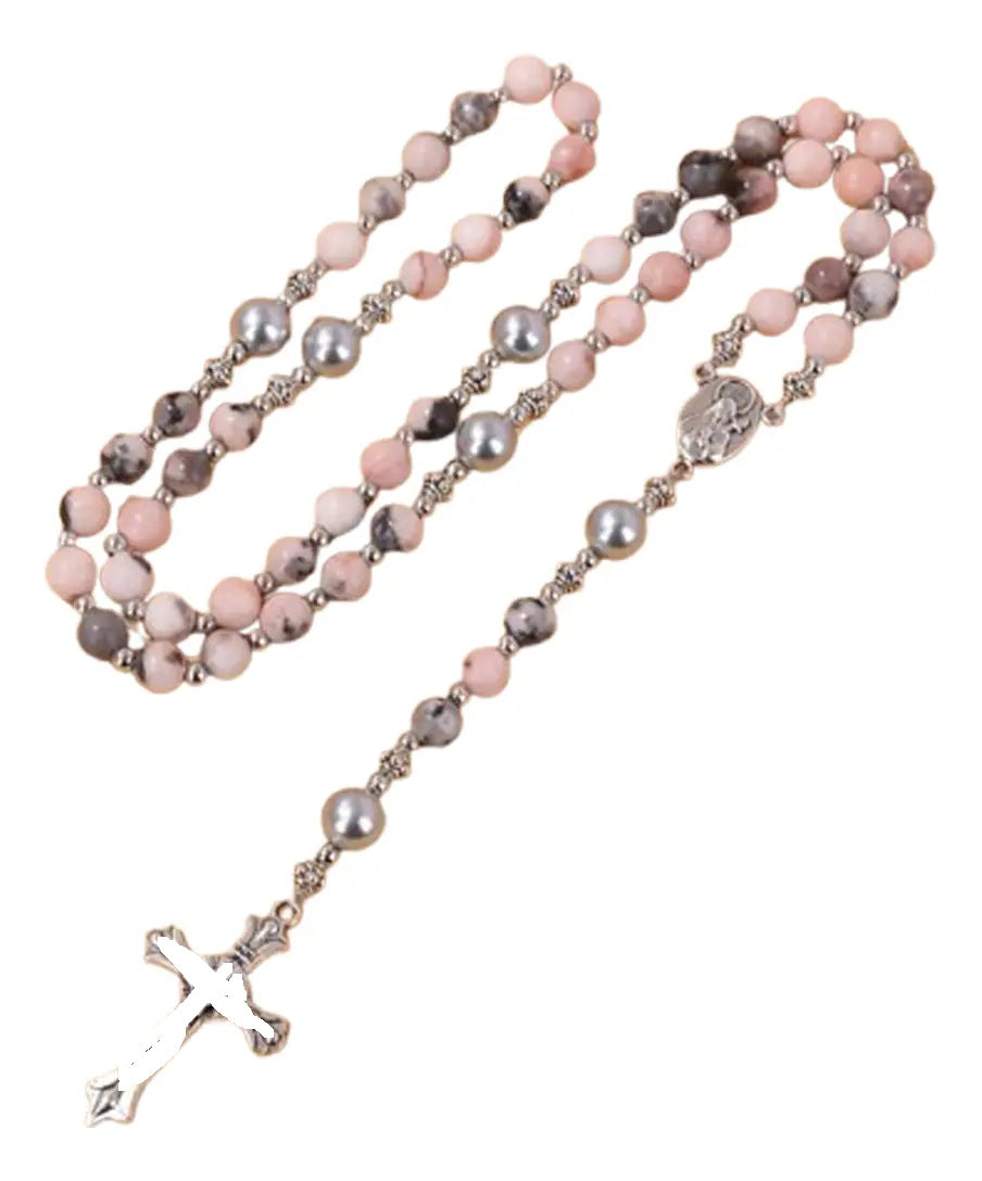 Handmade Rosary with Pink Round Beads & Crucifix, A Floral Tribute to the Sacred Heart