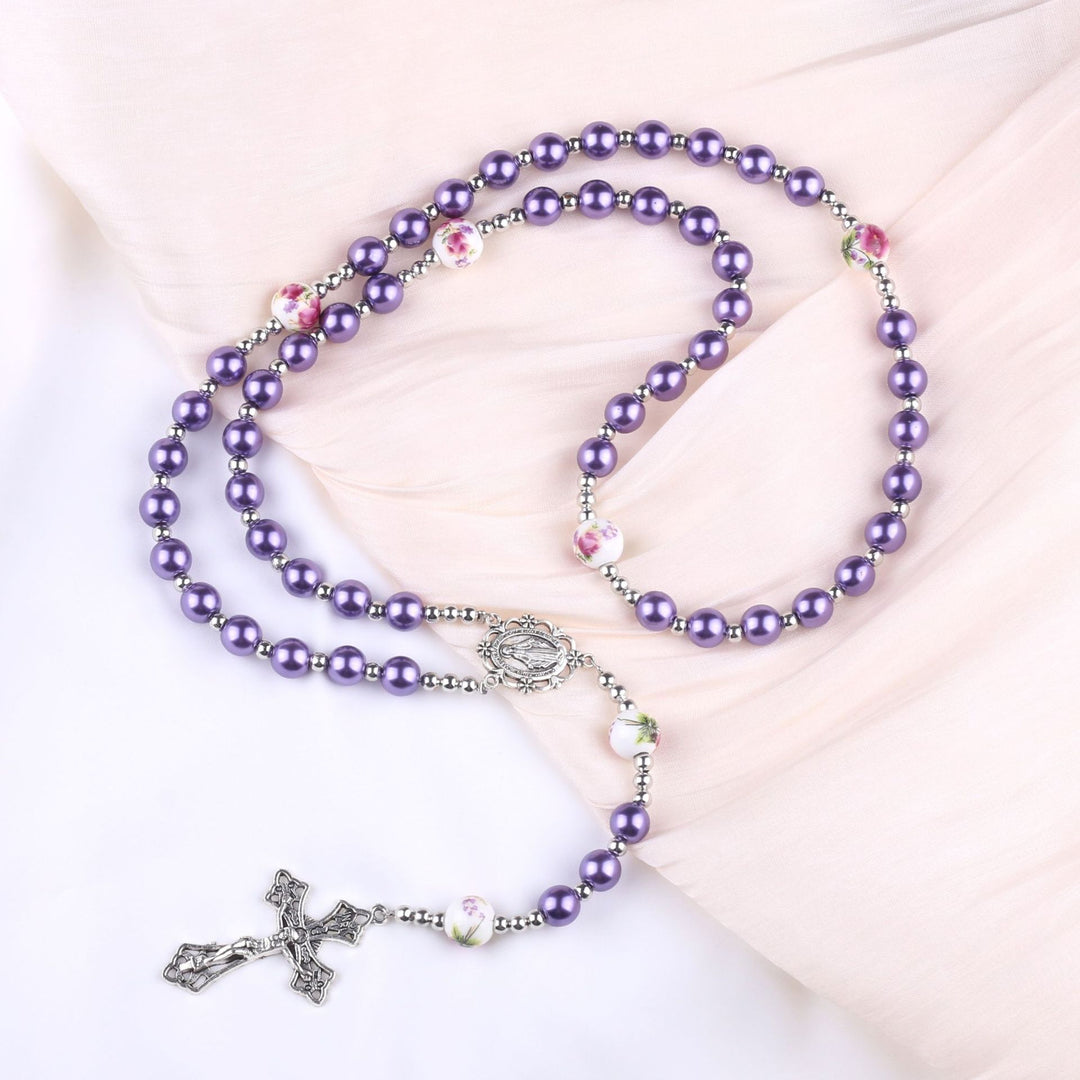 Sky Blue Pearl Our Lady Rosary with Jeweled Golden Crucifix
