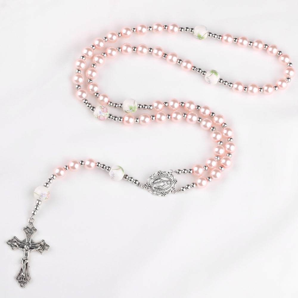 Sky Blue Pearl Our Lady Rosary with Jeweled Golden Crucifix