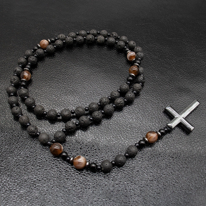 Agate & Tiger's Eye Stone Cross Catholic Rosary