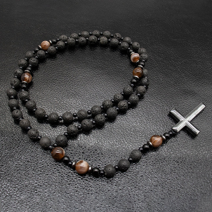 Agate & Tiger's Eye Stone Cross Catholic Rosary
