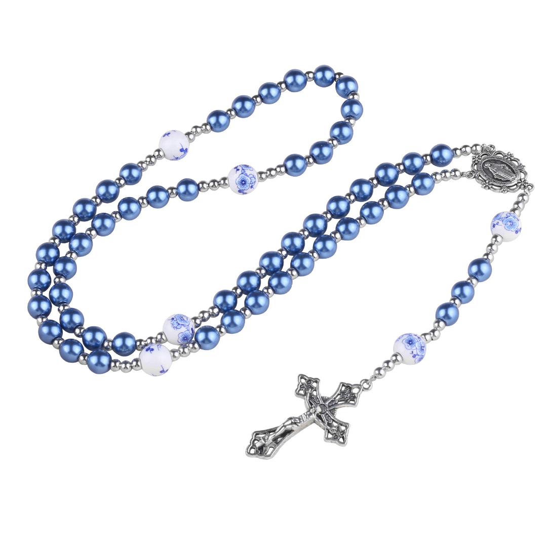 Sky Blue Pearl Our Lady Rosary with Jeweled Golden Crucifix