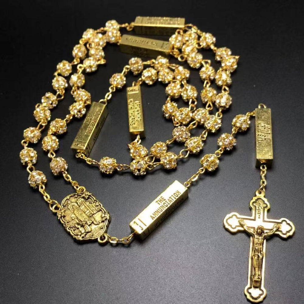 Our Lady of Fatima & Crucifix, Round Golden Metal Gems Alloy Chain Rosary