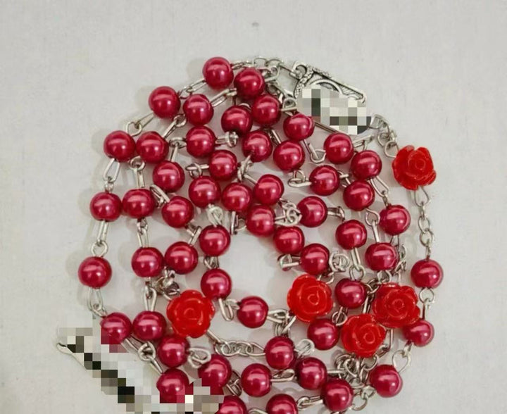 Madonna in Profile & Crucifix, Rose Round Multicolor Pearl Alloy Chain Rosary (8 Colors)
