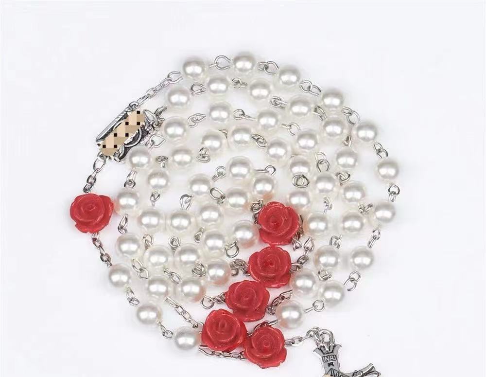 Madonna in Profile & Crucifix, Rose Round Multicolor Pearl Alloy Chain Rosary (8 Colors)