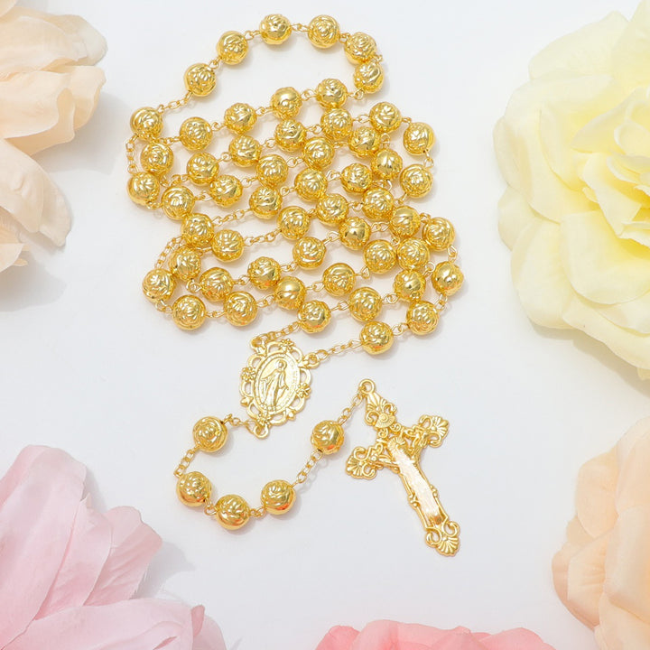 Engraved Rose Bead Our Lady Rosary with Crucifix