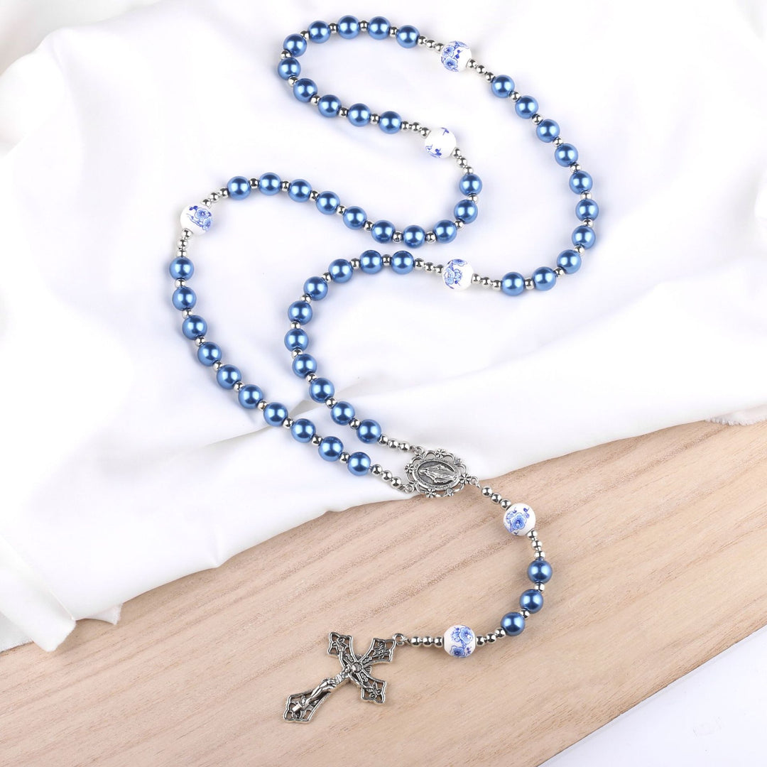Sky Blue Pearl Our Lady Rosary with Jeweled Golden Crucifix