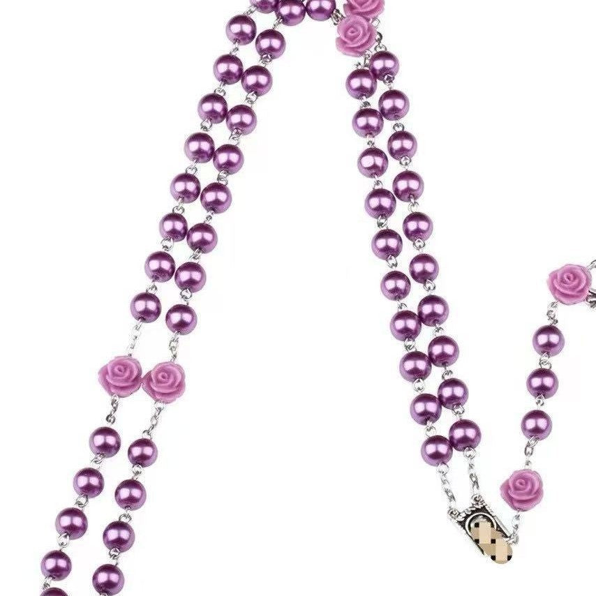 Madonna in Profile & Crucifix, Rose Round Multicolor Pearl Alloy Chain Rosary (8 Colors)