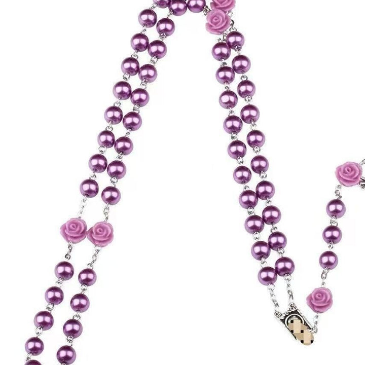 Madonna in Profile & Crucifix, Rose Round Multicolor Pearl Alloy Chain Rosary (8 Colors)