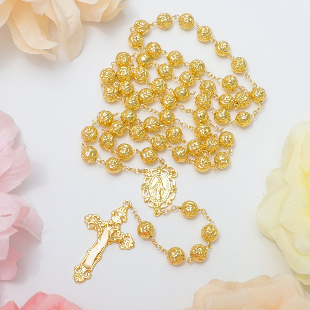 Engraved Rose Bead Our Lady Rosary with Crucifix