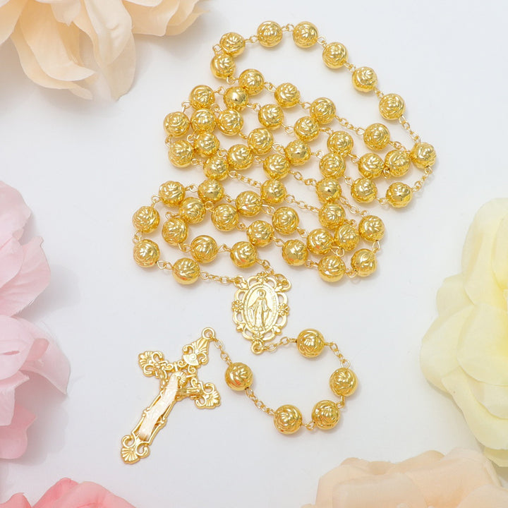 Engraved Rose Bead Our Lady Rosary with Crucifix