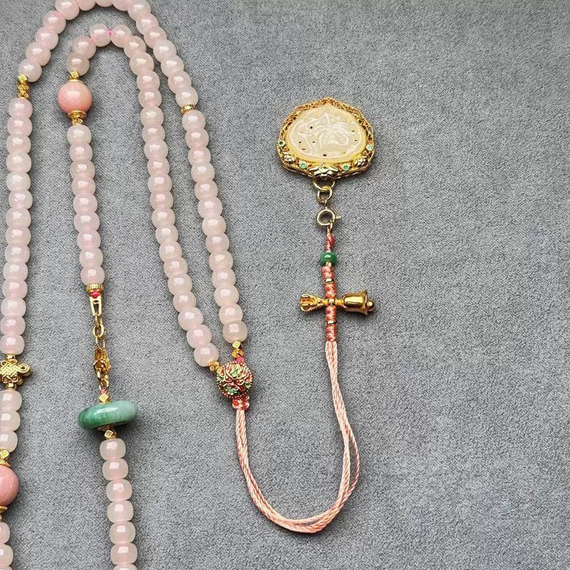 Handmade Pink Chalcedony & Porcelain Golden Sand Our Father Beads Rosary
