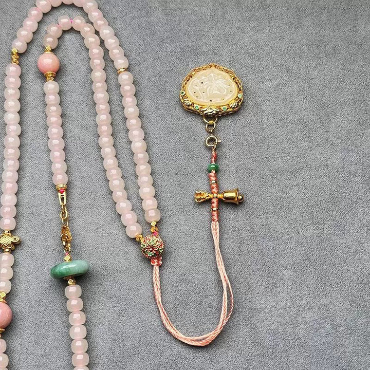 Handmade Pink Chalcedony & Porcelain Golden Sand Our Father Beads Rosary
