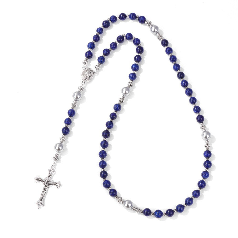 Handmade St. Therese of Lisieux Medal & Crucifix, Lapis Lazuli & Map Stone Rosary