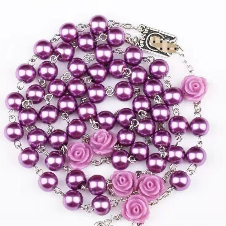 Madonna in Profile & Crucifix, Rose Round Multicolor Pearl Alloy Chain Rosary (8 Colors)
