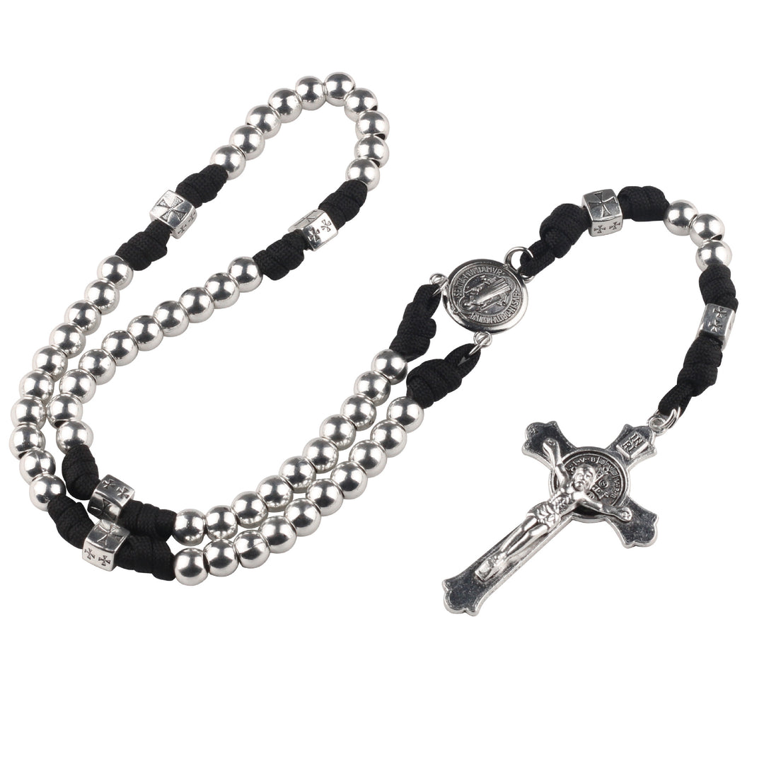 Miraculous Medal & Crucifix, Round Black Gallstone Nylon Cord Rosary