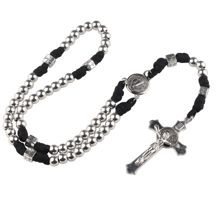 Miraculous Medal & Crucifix, Round Black Gallstone Nylon Cord Rosary