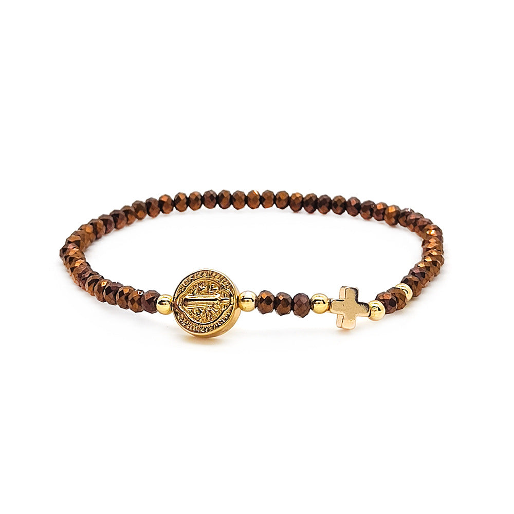 Handmade Earth Tone Rosary Bracelet with Cross & St. Benedict Charm