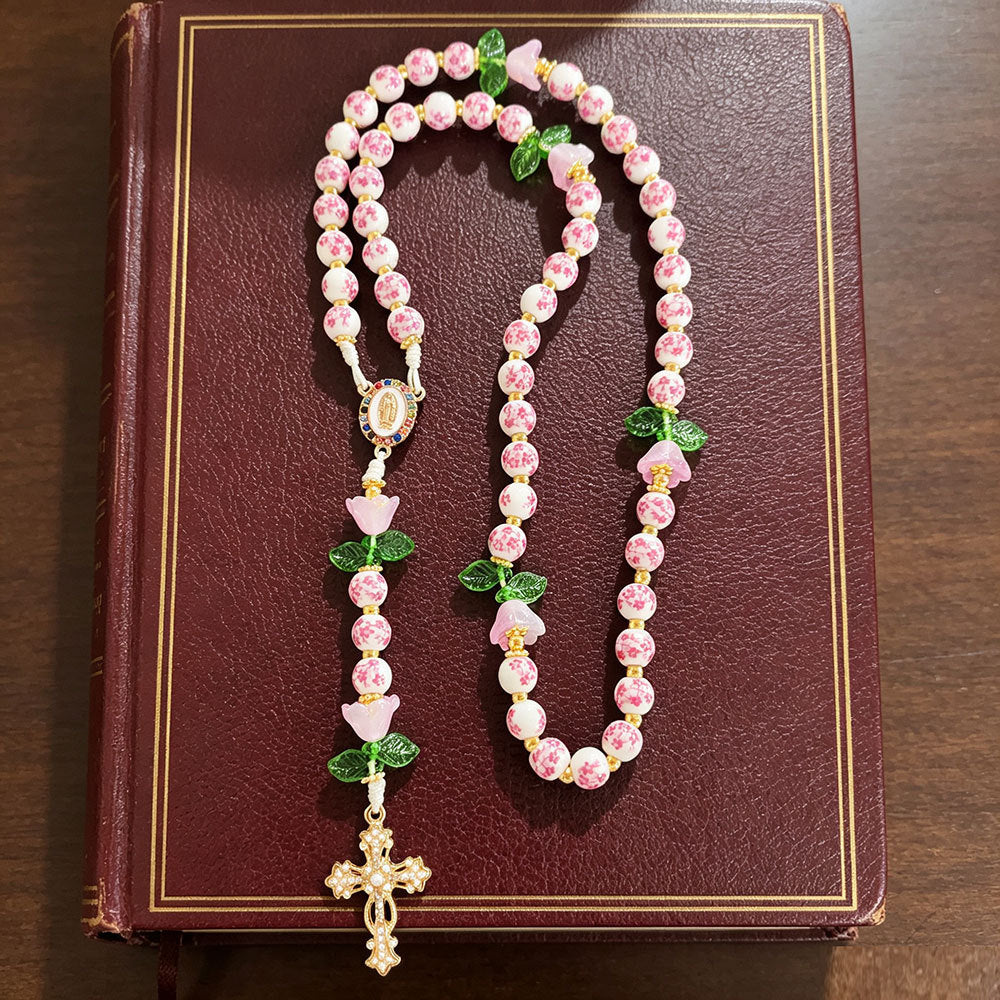 Divine Serenity Handmade Floral Rosary, Our Lady of Guadalupe & Crucifix, Ceramic & Jade