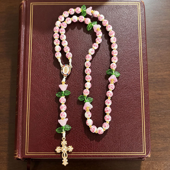 Divine Serenity Handmade Floral Rosary, Our Lady of Guadalupe & Crucifix, Ceramic & Jade