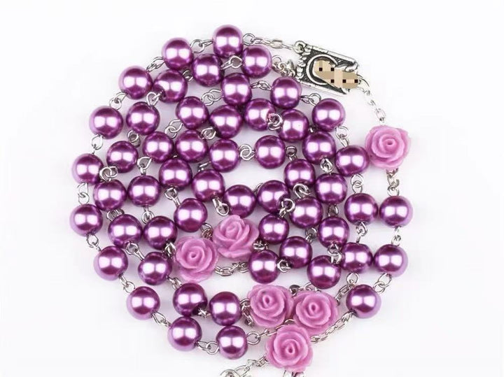 Madonna in Profile & Crucifix, Rose Round Multicolor Pearl Alloy Chain Rosary (8 Colors)